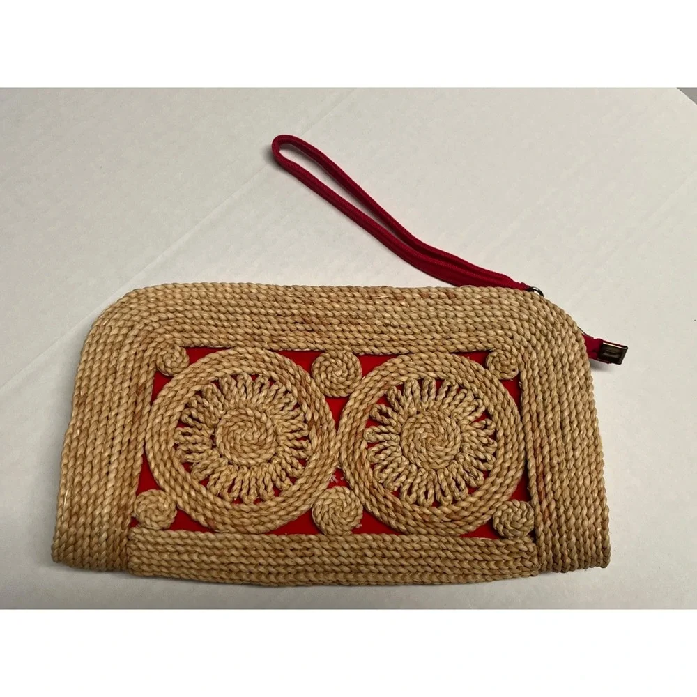 Vintage MCI Straw Clutch Wristlet Red Handwoven Raffia Boho Summer Bag 1970s